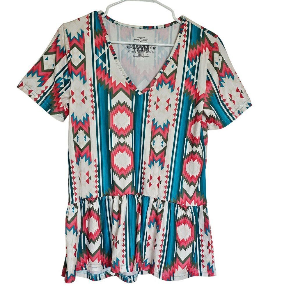 Crazy Train Serendipity Coral & Turquoise Southwestern Aztec Peplum Top Size S
